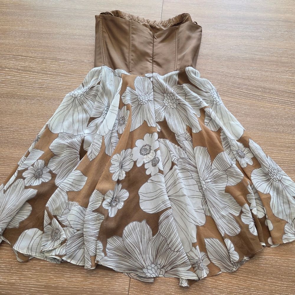 Vintage Spiegel Silk Tan/ Cream Floral Strapless Women's Dress Flounce Midi 4 - Picture 9 of 12